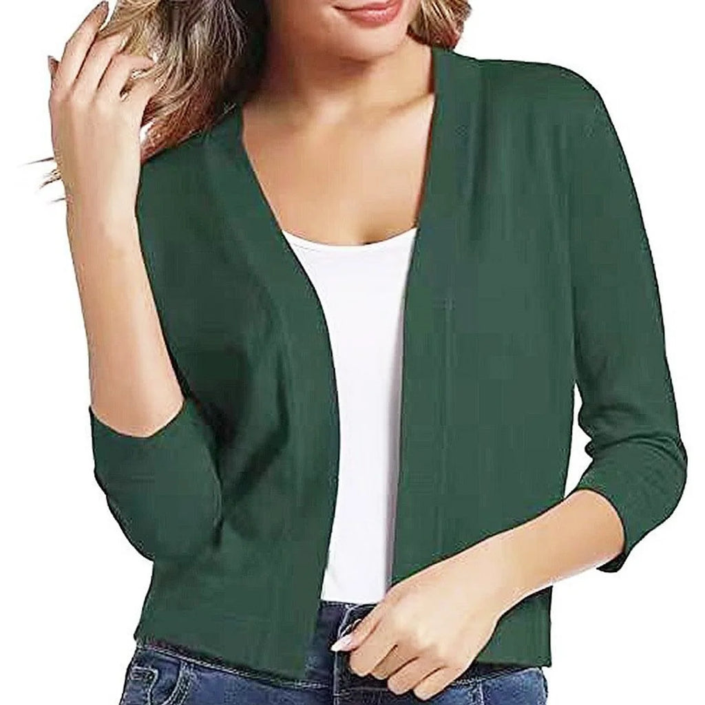 Green Women's Open Front Cropped Cardigan with 3/4 Sleeves & Ribbed Cuffs — Lana - Dark Front