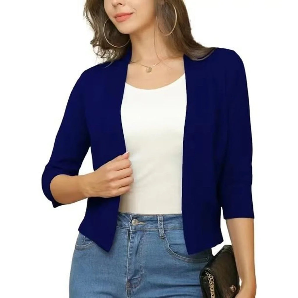 Blue Women's Open Front Cropped Cardigan with Three-Quarter Sleeves