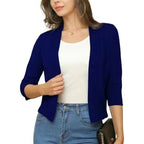 Blue Women's Open Front Cropped Cardigan with Three-Quarter Sleeves