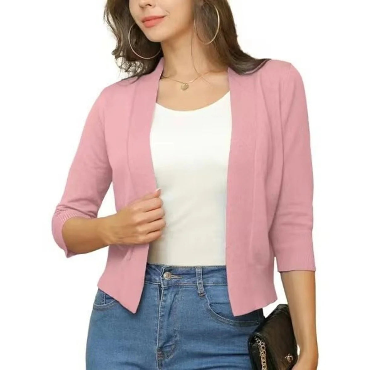 Orange Women's Open Front Cropped Cardigan with Three-Quarter Sleeves