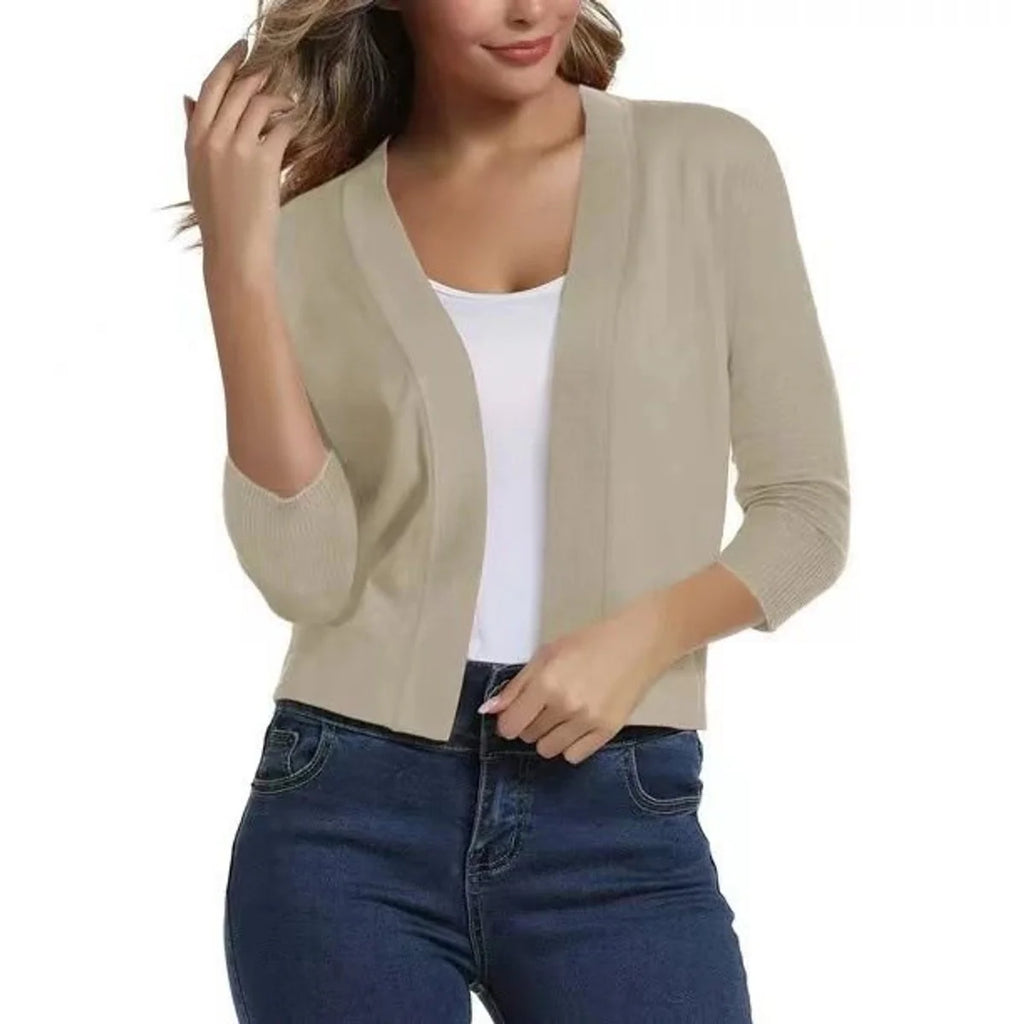 Pale Blue Women's Open Front Cropped Cardigan with Three-Quarter Sleeves