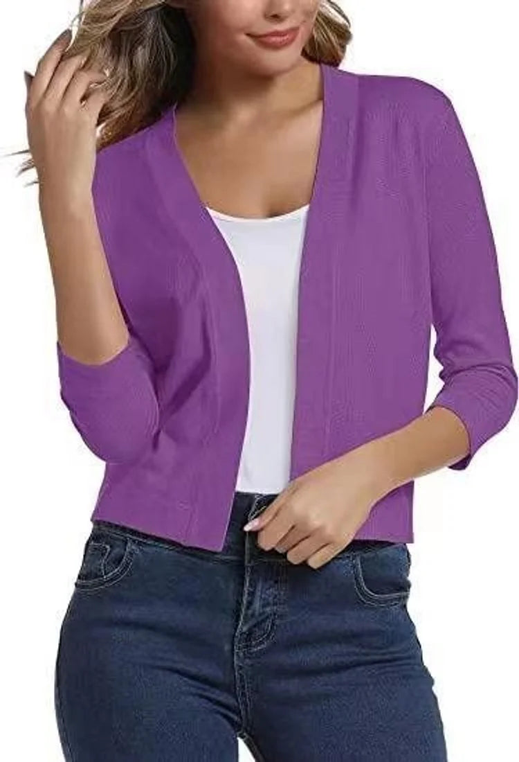 Purple Women's Open Front Cropped Cardigan with 3/4 Sleeves & Ribbed Cuffs — Lana - Front