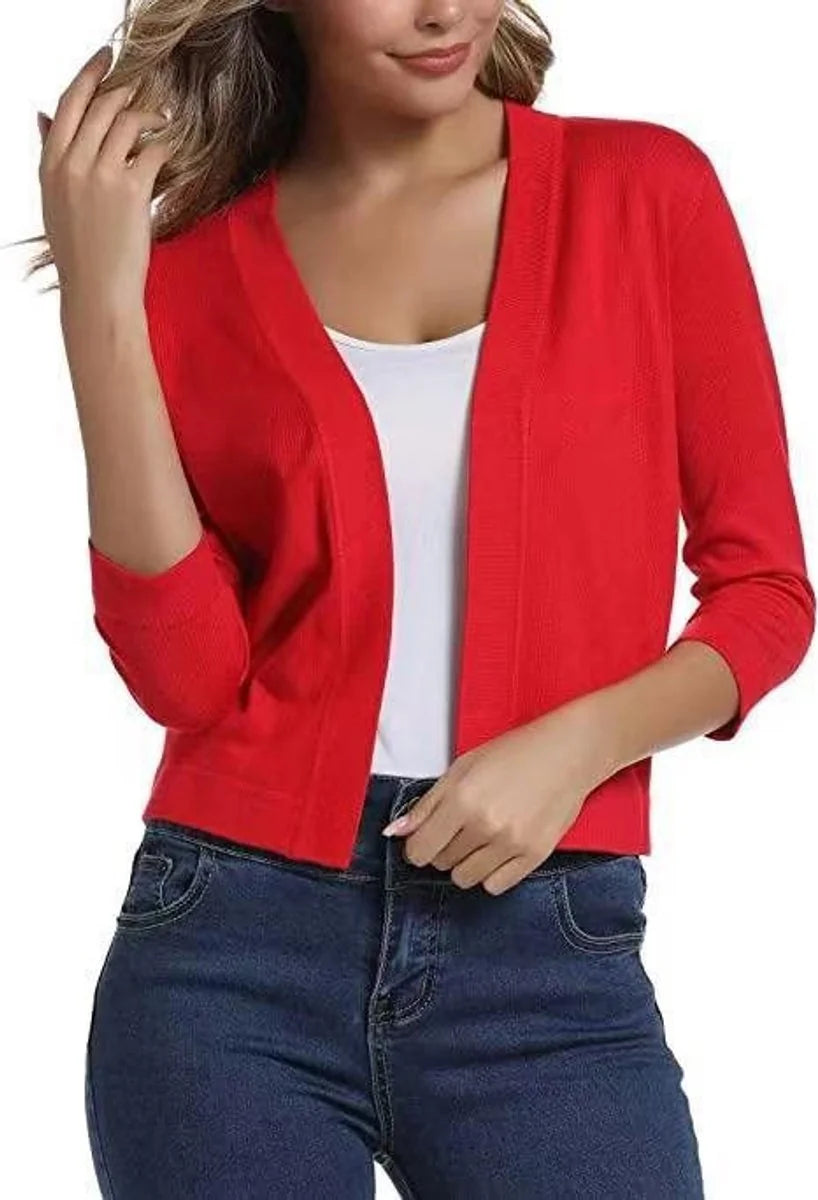Purple Women's Open Front Cropped Cardigan with Three-Quarter Sleeves