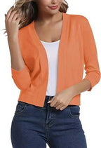 Red Women's Open Front Cropped Cardigan with Three-Quarter Sleeves