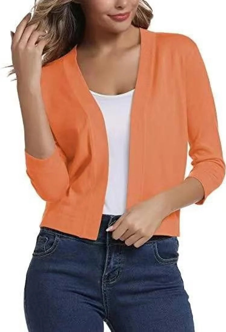Red Women's Open Front Cropped Cardigan with Three-Quarter Sleeves