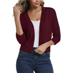 Rubber Red Women's Open Front Cropped Cardigan with Three-Quarter Sleeves
