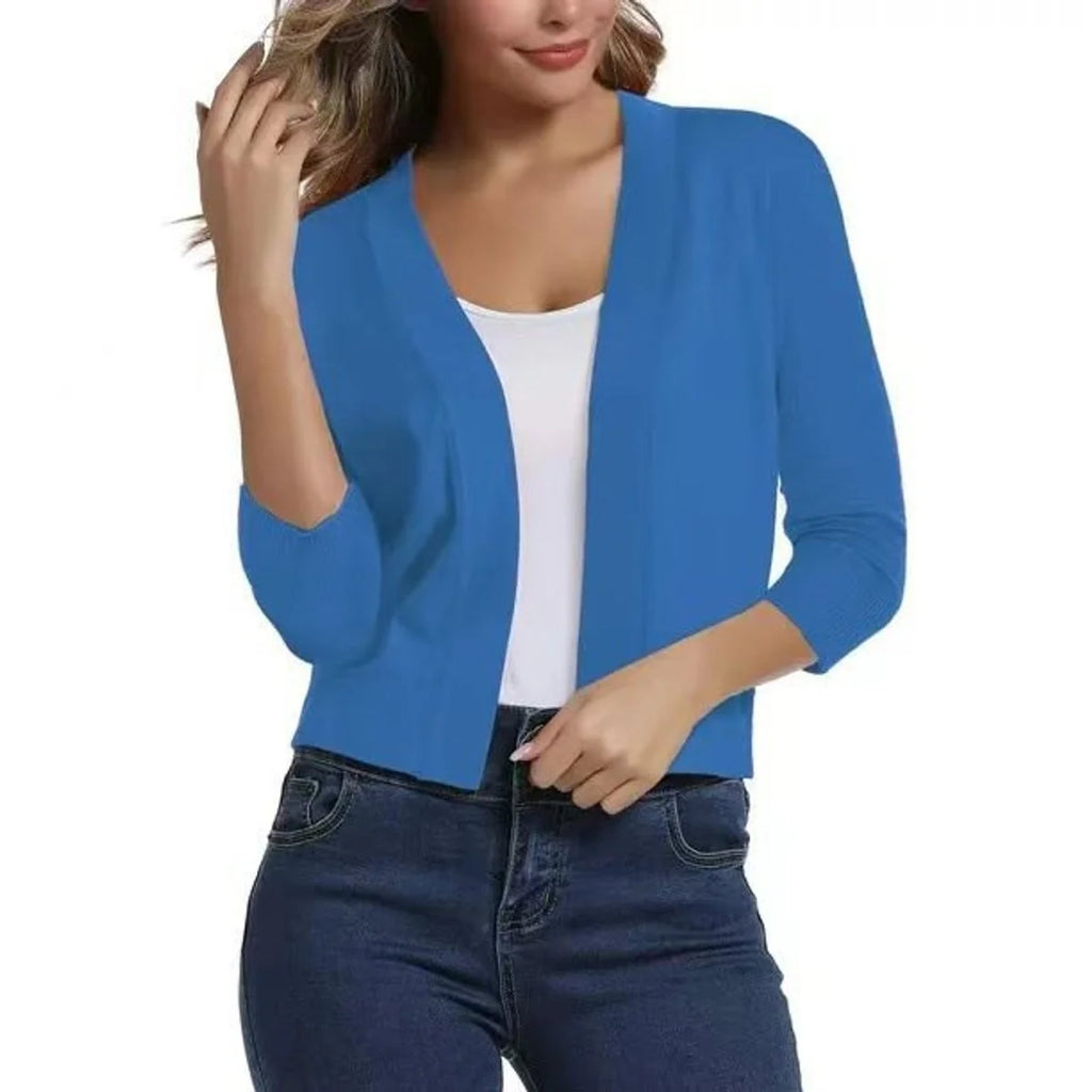 Silver Gray Women's Open Front Cropped Cardigan with Three-Quarter Sleeves