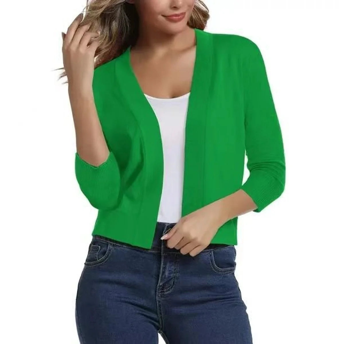 Bright Green Women's Open Front Cropped Cardigan with Three-Quarter Sleeves