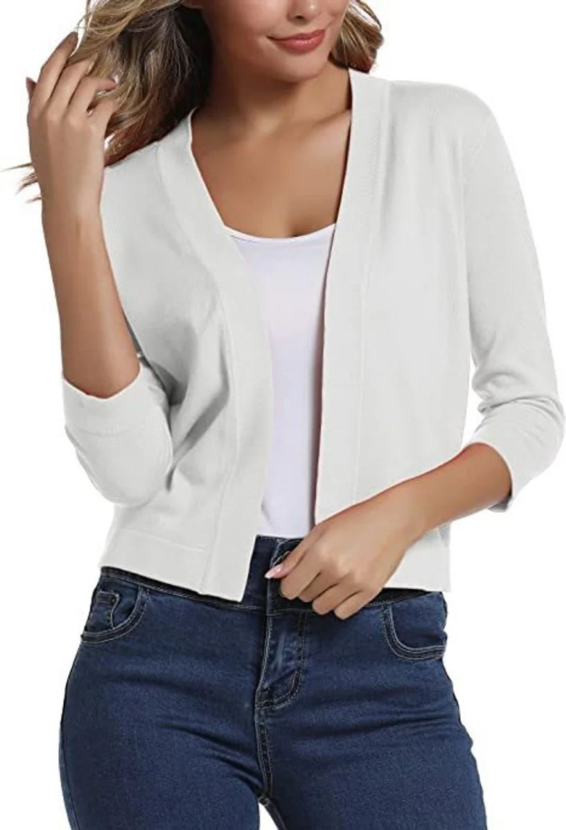 White Women's Open Front Cropped Cardigan with 3/4 Sleeves & Ribbed Cuffs — Lana - Front