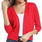 White Women's Open Front Cropped Cardigan with Three-Quarter Sleeves