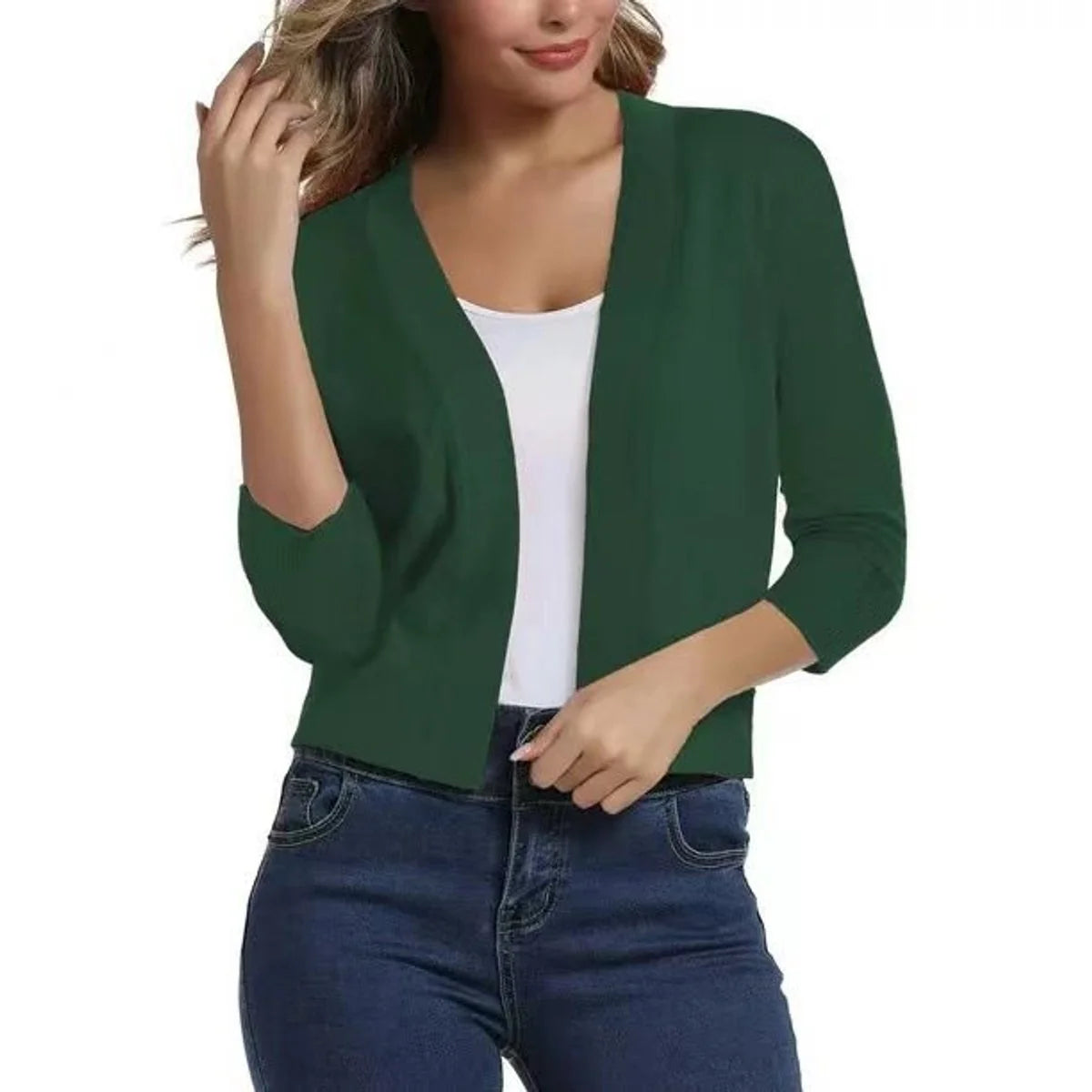 Wood Green Women's Open Front Cropped Cardigan with Three-Quarter Sleeves
