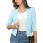 Yellow Women's Open Front Cropped Cardigan with Three-Quarter Sleeves