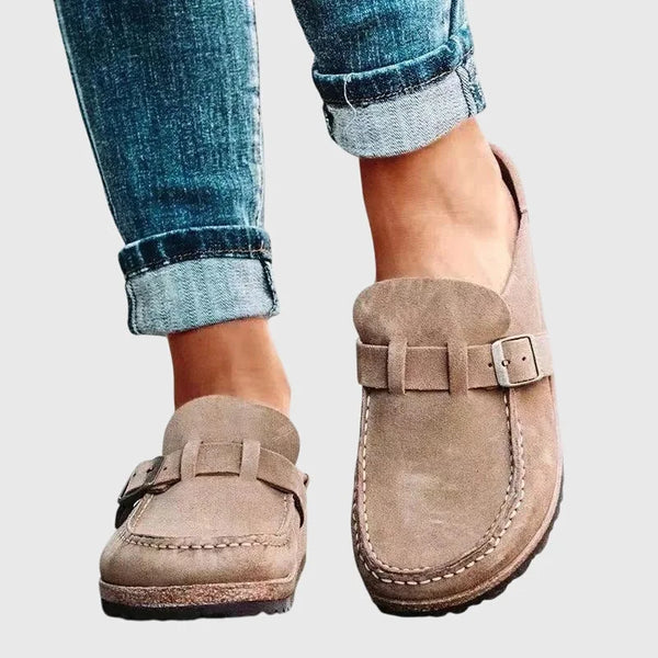 Beige Women's Suede Orthopaedic Clogs — Emily Cushioned Buckle Slip-On - Front Full