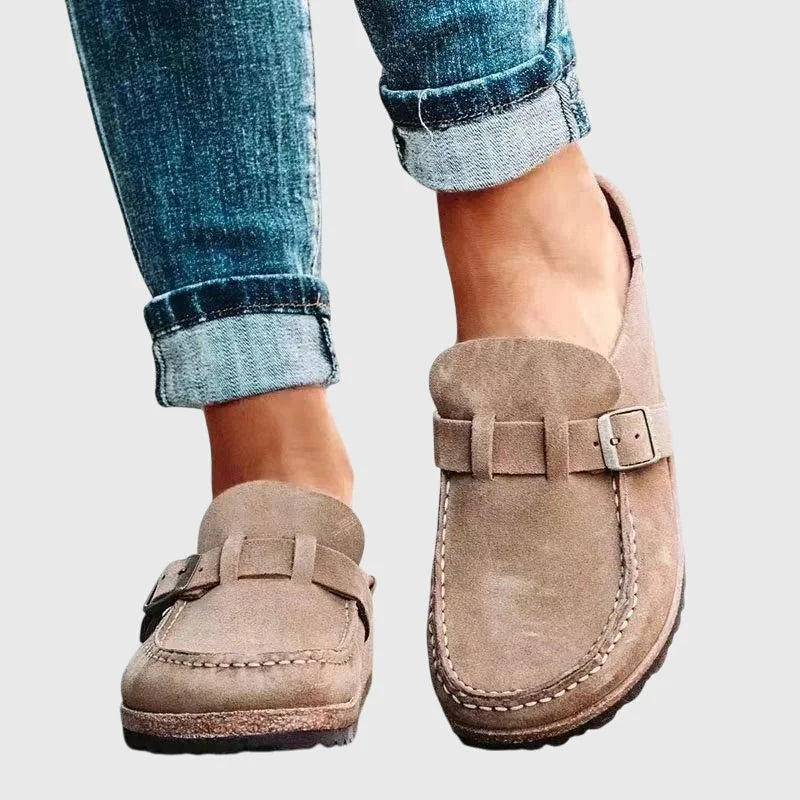 Beige Women's Suede Orthopaedic Clogs — Emily Cushioned Buckle Slip-On - Front Full