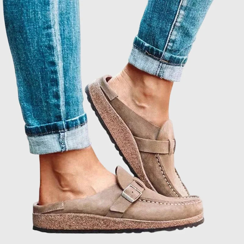 Beige Women's Suede Orthopaedic Clogs — Emily Cushioned Buckle Slip-On - Side Detail