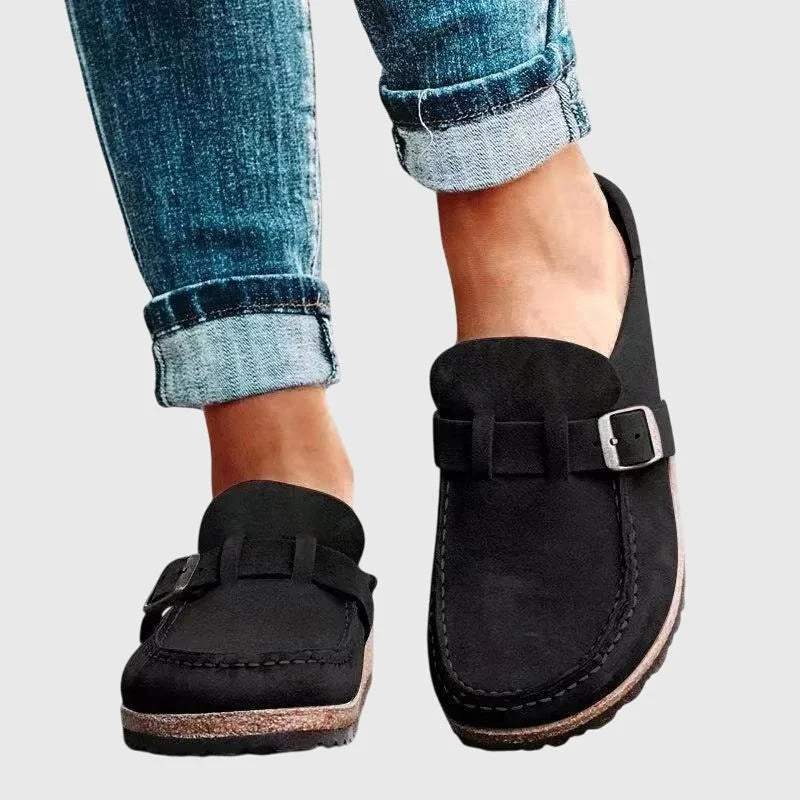 Black Women's Suede Orthopaedic Clogs — Emily Cushioned Buckle Slip-On - Front Studio