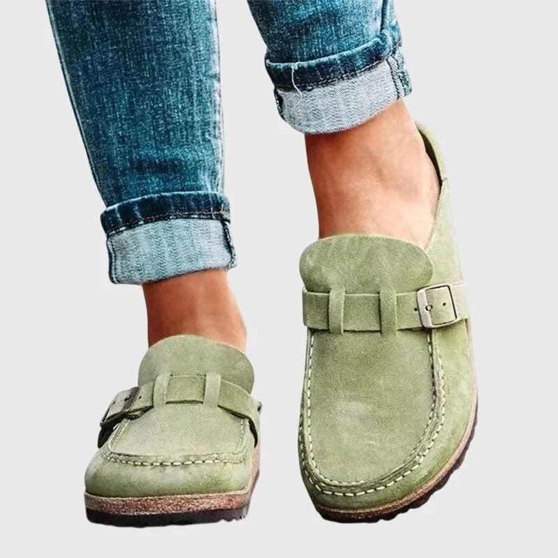 Green Women's Suede Orthopaedic Clogs — Emily Cushioned Buckle Slip-On - Front Closeup