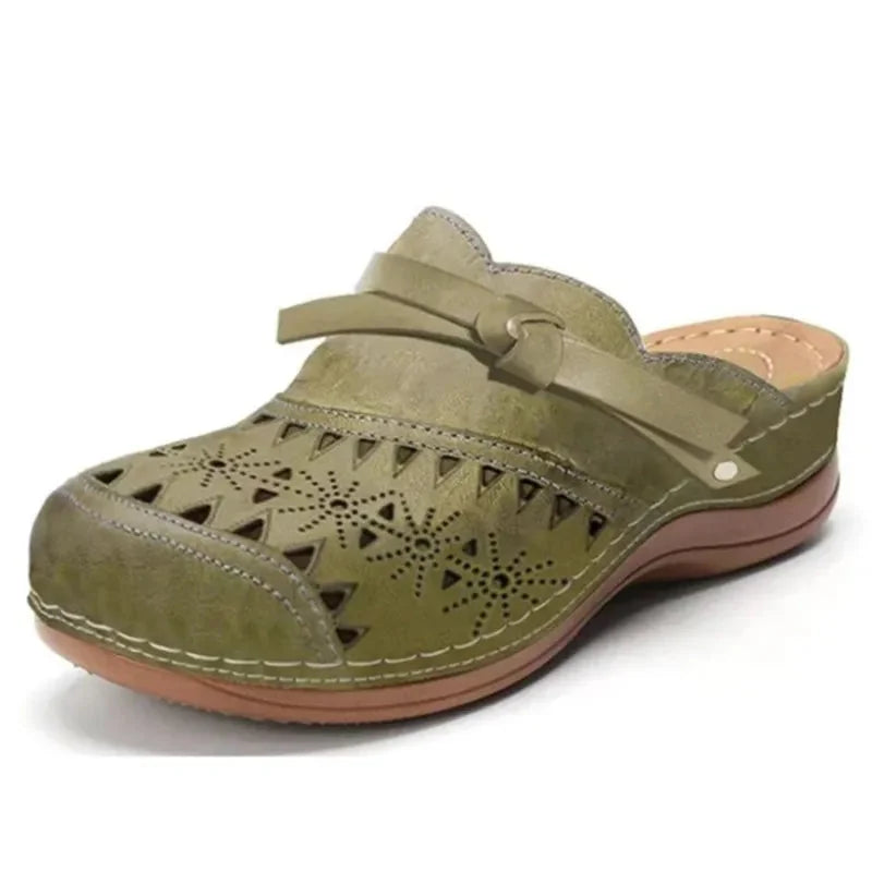 Army Women's Leather Orthopedic Comfort Clogs — Thea Cut-Out Buckle Slip-On - Green Front Detail