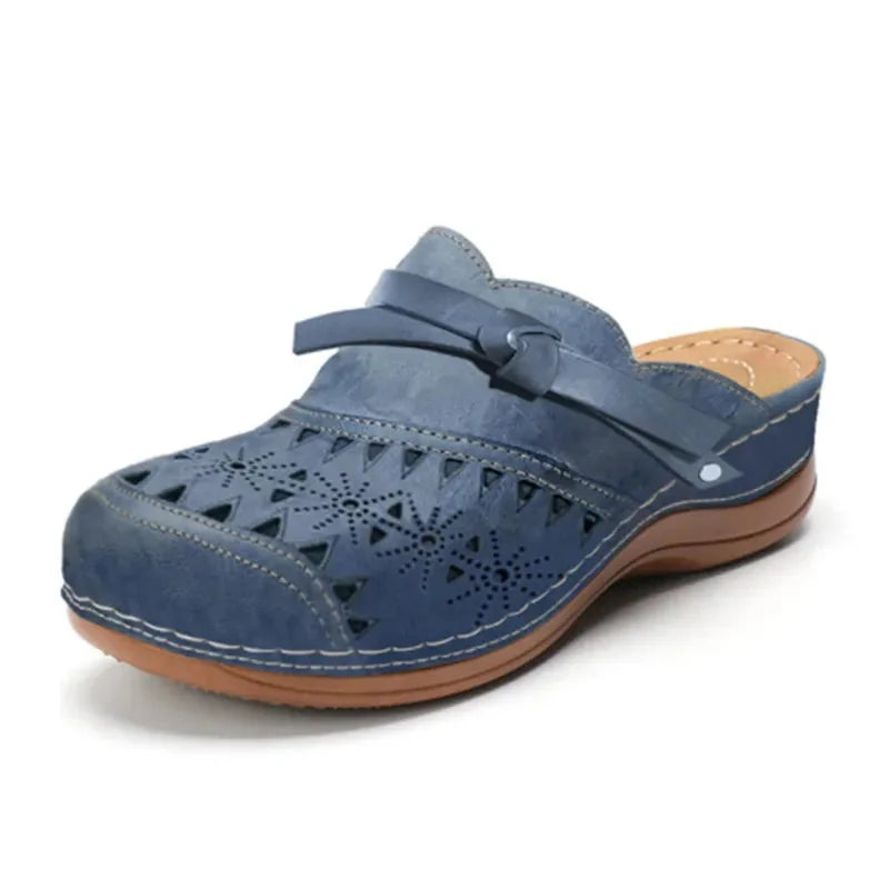Blue Women's Leather Orthopedic Comfort Clogs — Thea Cut-Out Buckle Slip-On - Front Three Quarter