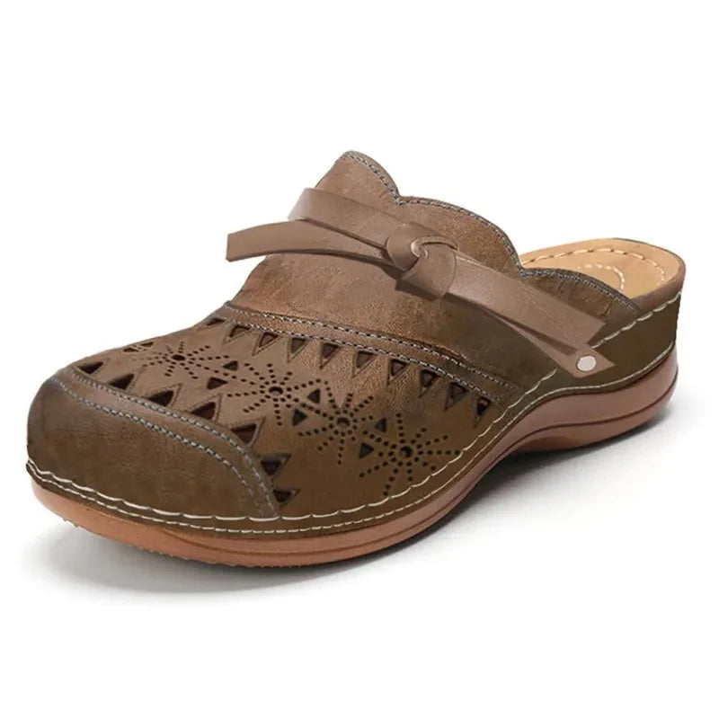 Brown Women's Leather Orthopedic Comfort Clogs — Thea Cut-Out Buckle Slip-On - Front View