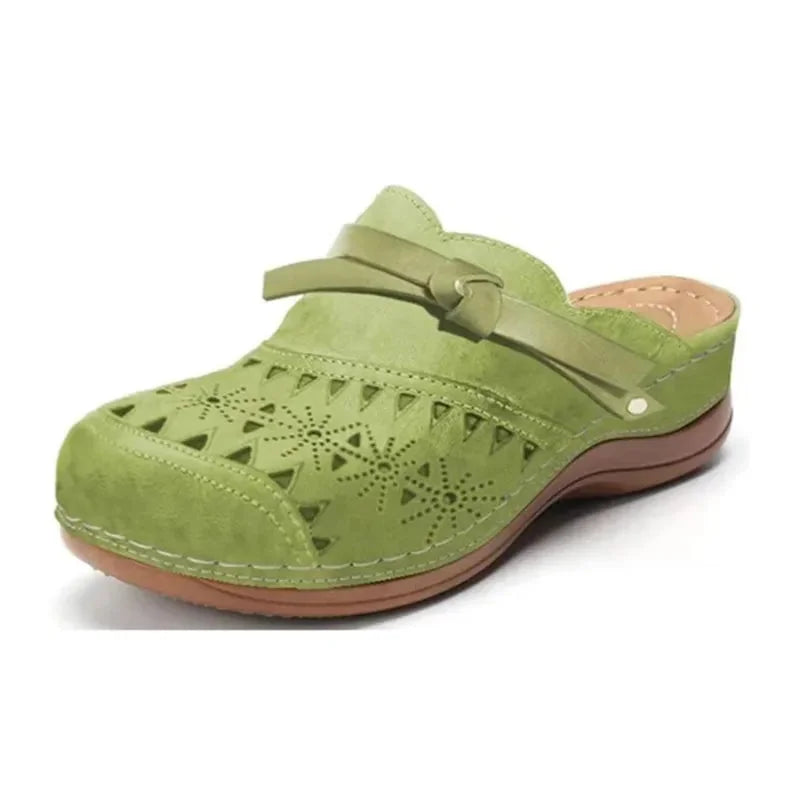 Green Women's Leather Orthopedic Comfort Clogs — Thea Cut-Out Buckle Slip-On - Side Profile