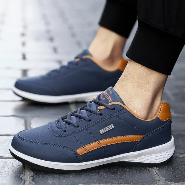 Blue Men's Orthopedic Comfort Shoes — Milo Cushioned Lace-Up Sneakers - Front Side Pose