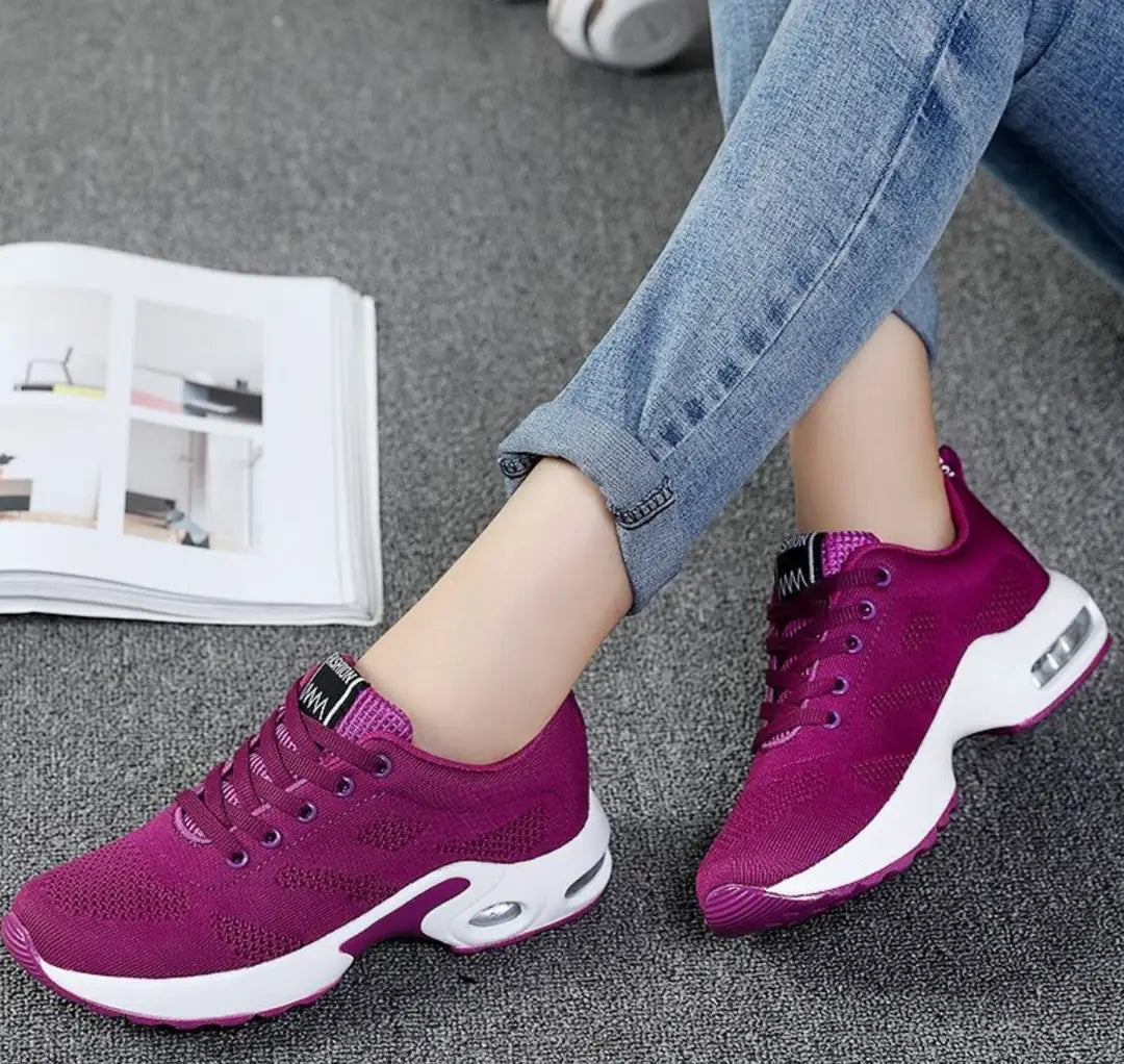 Purple Women's Orthopedic Comfort Shoes — Tahlia Everyday Cushioned Sneakers - Seated Pose