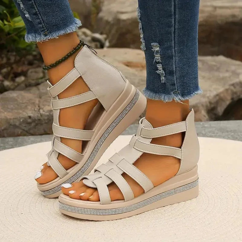 Beige Women's Orthopedic Platform Sandals — Bess Strappy Gladiator Rhinestone - Front Full