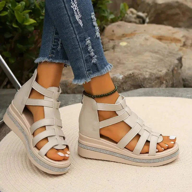 Beige Women's Orthopedic Platform Sandals — Bess Strappy Gladiator Rhinestone - Outdoor Pose
