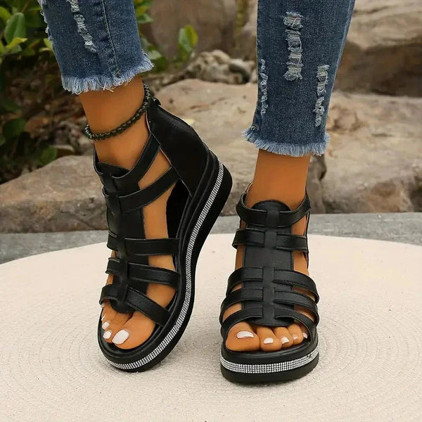 Black Women's Orthopedic Platform Sandals — Bess Strappy Gladiator Rhinestone - Front Full