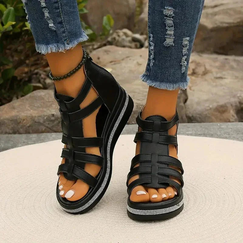 Black Women's Orthopedic Platform Sandals — Bess Strappy Gladiator Rhinestone - Front Full