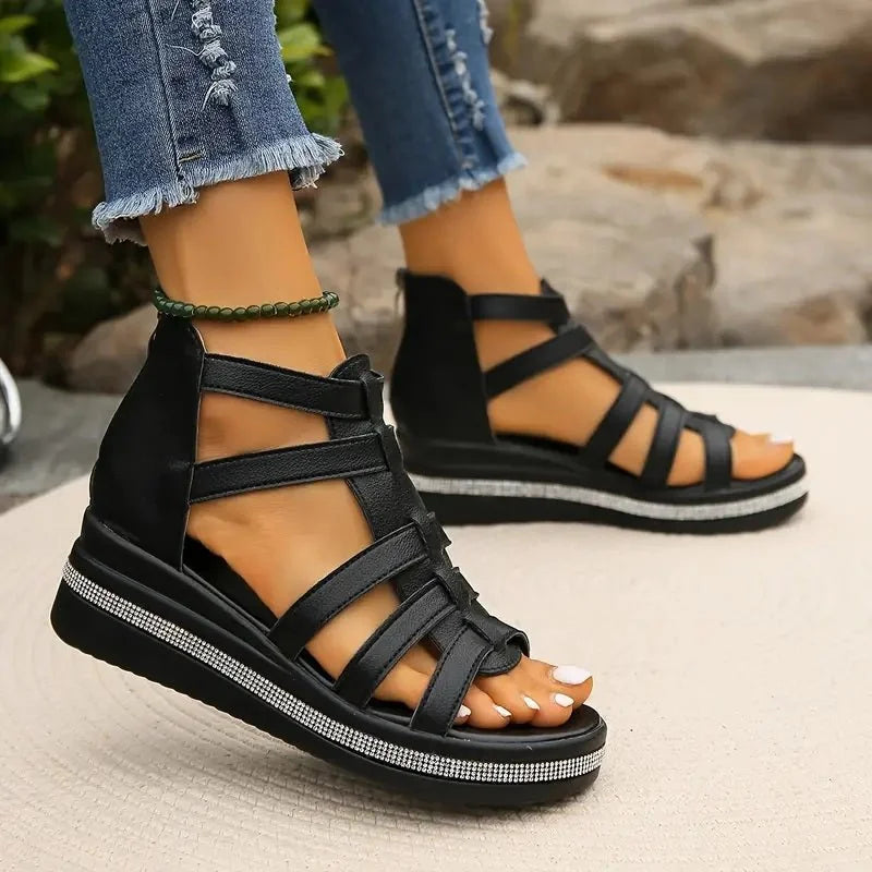 Black Women's Orthopedic Platform Sandals — Bess Strappy Gladiator Rhinestone - Lifestyle Pose