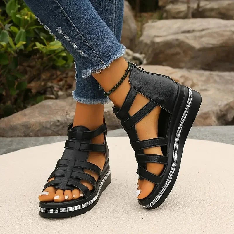 Black Women's Orthopedic Platform Sandals — Bess Strappy Gladiator Rhinestone - Side Pose