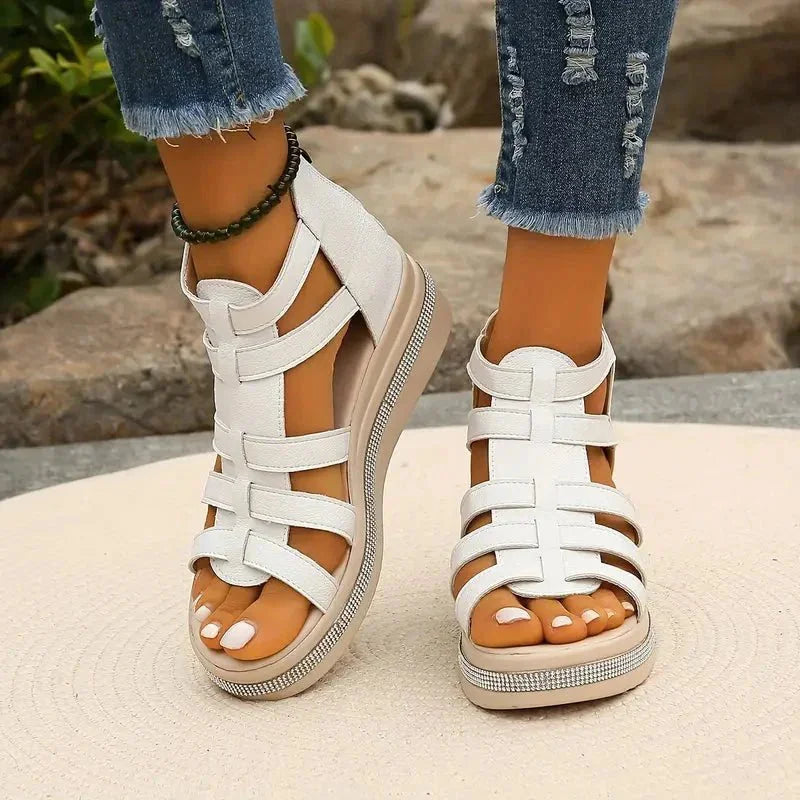 White Women's Orthopedic Platform Sandals — Bess Strappy Gladiator Rhinestone - Front Angle