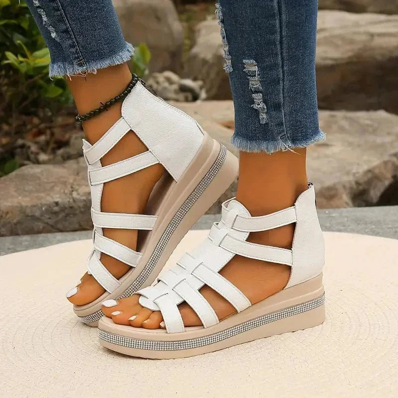 White Women's Orthopedic Platform Sandals — Bess Strappy Gladiator Rhinestone - Front Full