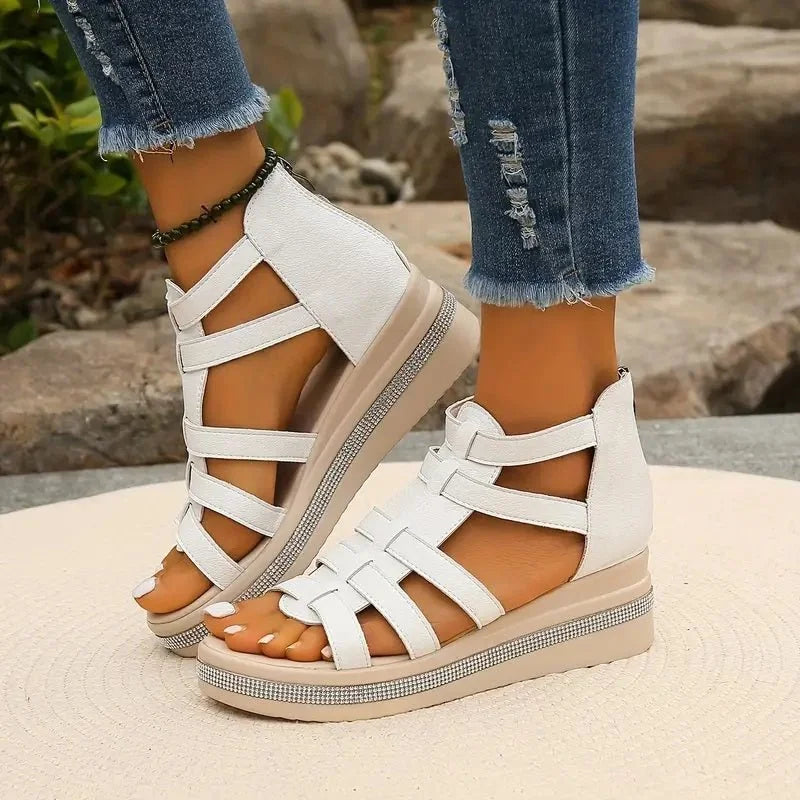 White Women's Orthopedic Platform Sandals — Bess Strappy Gladiator Rhinestone - Side Pose
