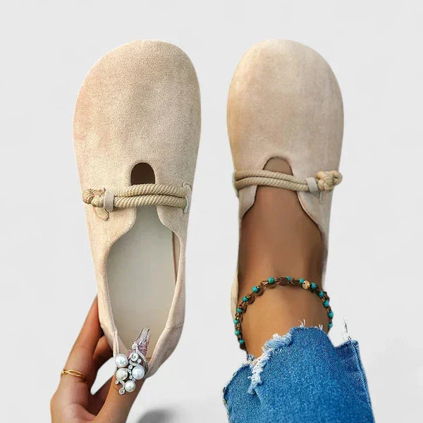 Beige Women's Orthopedic Slip On Loafers — Inez Comfort Casual Flat - Front Held