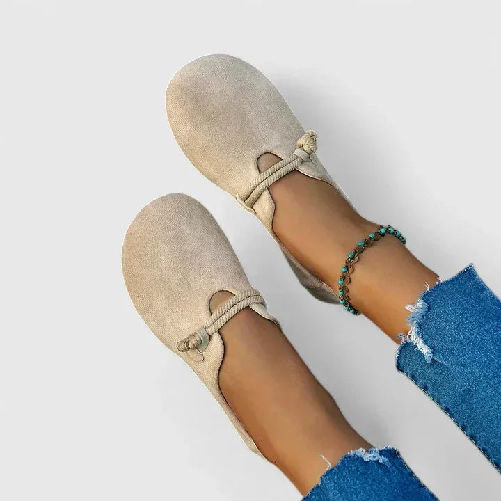 Beige Women's Orthopedic Slip On Loafers — Inez Comfort Casual Flat - Worn Front