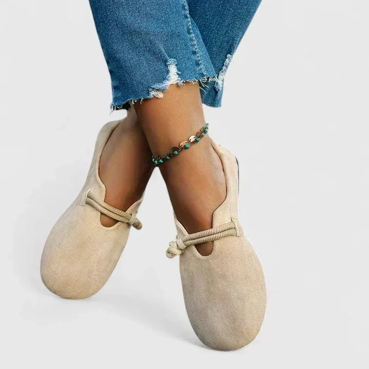 Beige Women's Orthopedic Slip On Loafers — Inez Comfort Casual Flat - Worn Side
