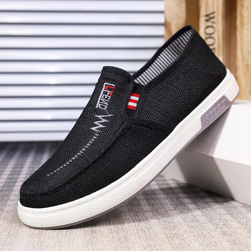Black Men's Orthopedic Slip-On Shoes — Carter Everyday Breathable Mesh - Side Profile Boxed