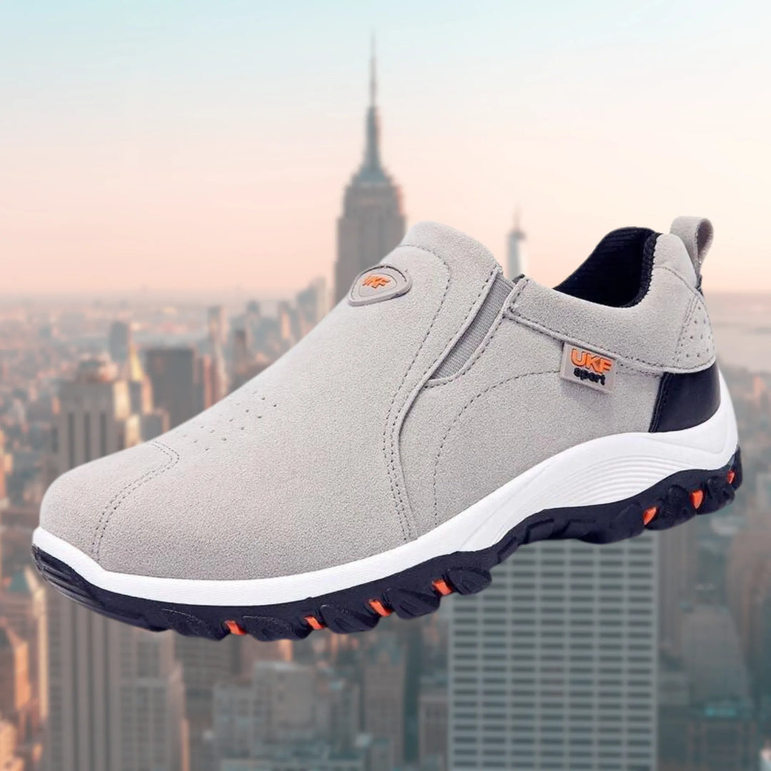 Gray Men's Orthopedic Slip-on Shoes — Edmund Suede Cushioned Non-Slip - Outdoor Angle