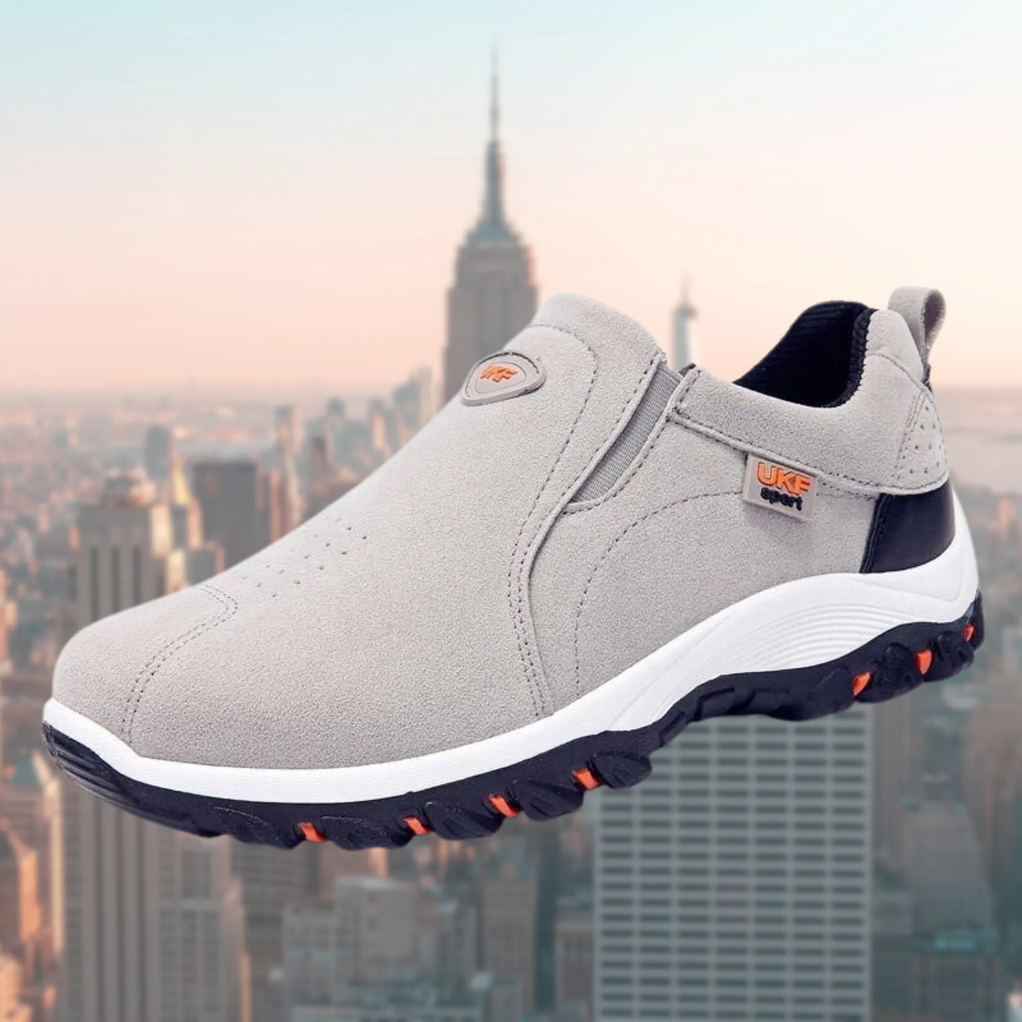 Gray Men's Orthopedic Slip-on Shoes — Edmund Suede Cushioned Non-Slip - Outdoor Angle