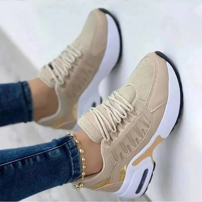 Beige Women's Orthopedic Walking Sneakers — Livia Cushioned Lace-Up Platform - Toe Detail Wall