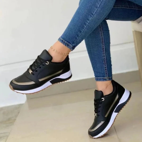 Black Women's Orthopedic Walking Shoes — Edith Cushioned Lightweight Lace-Up - Side Pose Seated