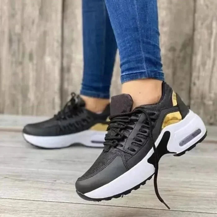 Black Women's Orthopedic Walking Sneakers — Livia Cushioned Lace-Up Platform - Walking Outdoor