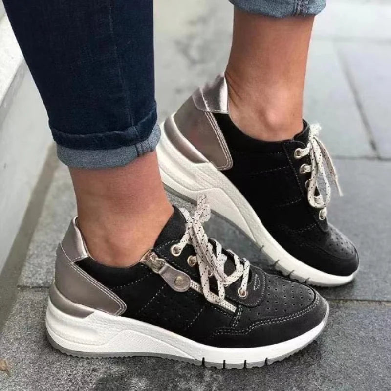 Black Women's Orthopedic Walking Shoes — Melody Cushioned Lace-Up Wedge - Worn Close Up
