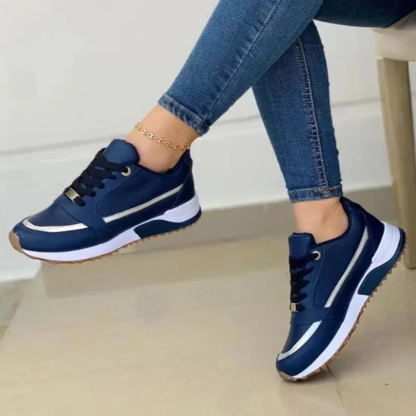 Blue Women's Orthopedic Walking Shoes — Edith Cushioned Lightweight Lace-Up - Side Pose Crossed Leg