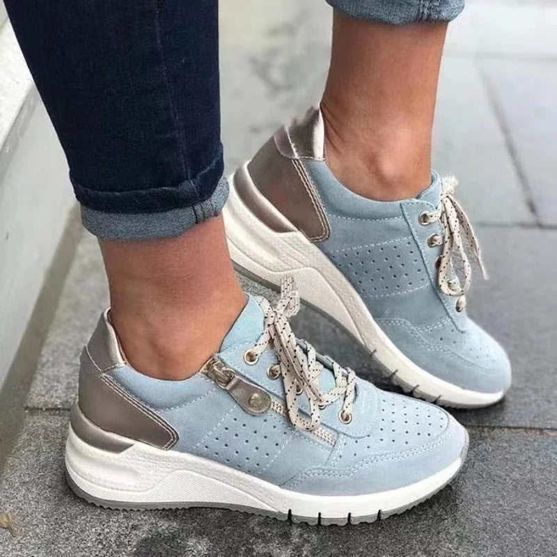 Blue Women's Orthopedic Walking Shoes — Melody Cushioned Lace-Up Wedge - Worn Front Pose