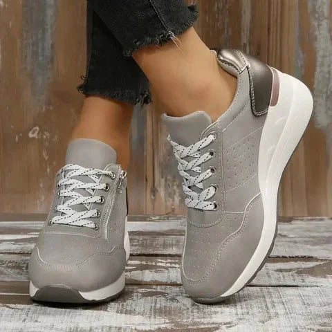 Gray Women's Orthopedic Walking Shoes — Melody Cushioned Lace-Up Wedge - Studio Wood Floor
