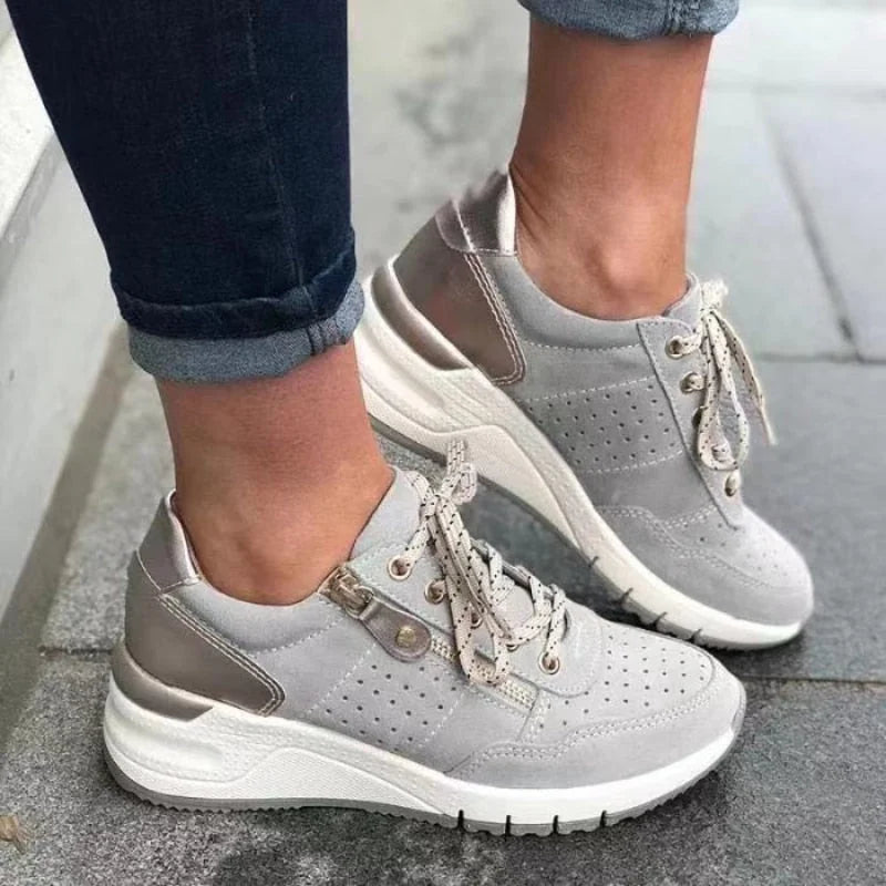 Gray Women's Orthopedic Walking Shoes — Melody Cushioned Lace-Up Wedge - Worn Side Pose